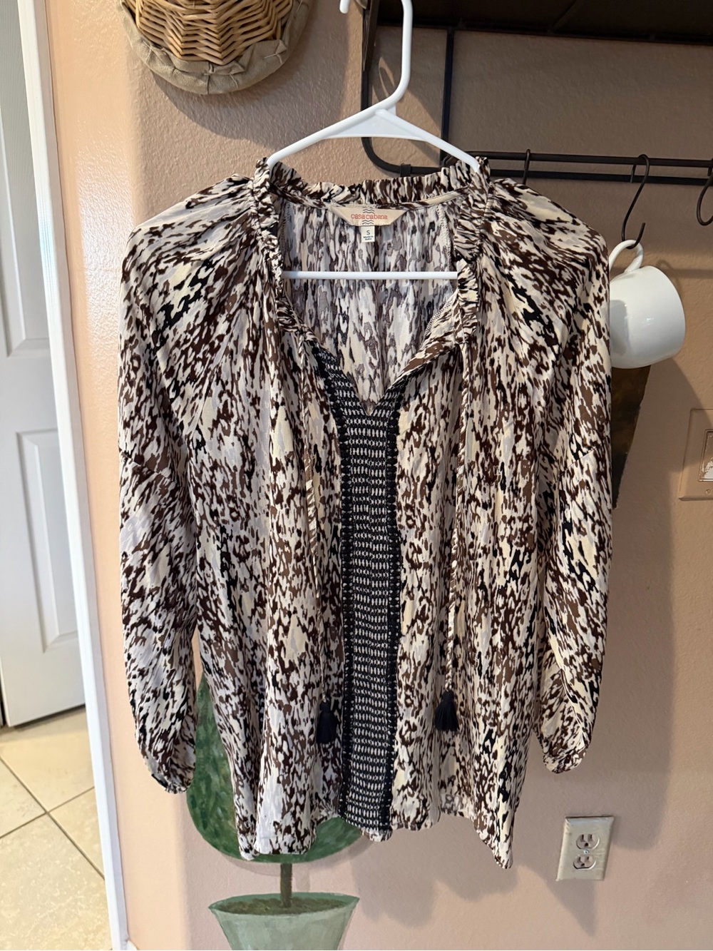CASA CABANA Boho Peasant Blouse Brown Cream Print Tassel Tie Top S